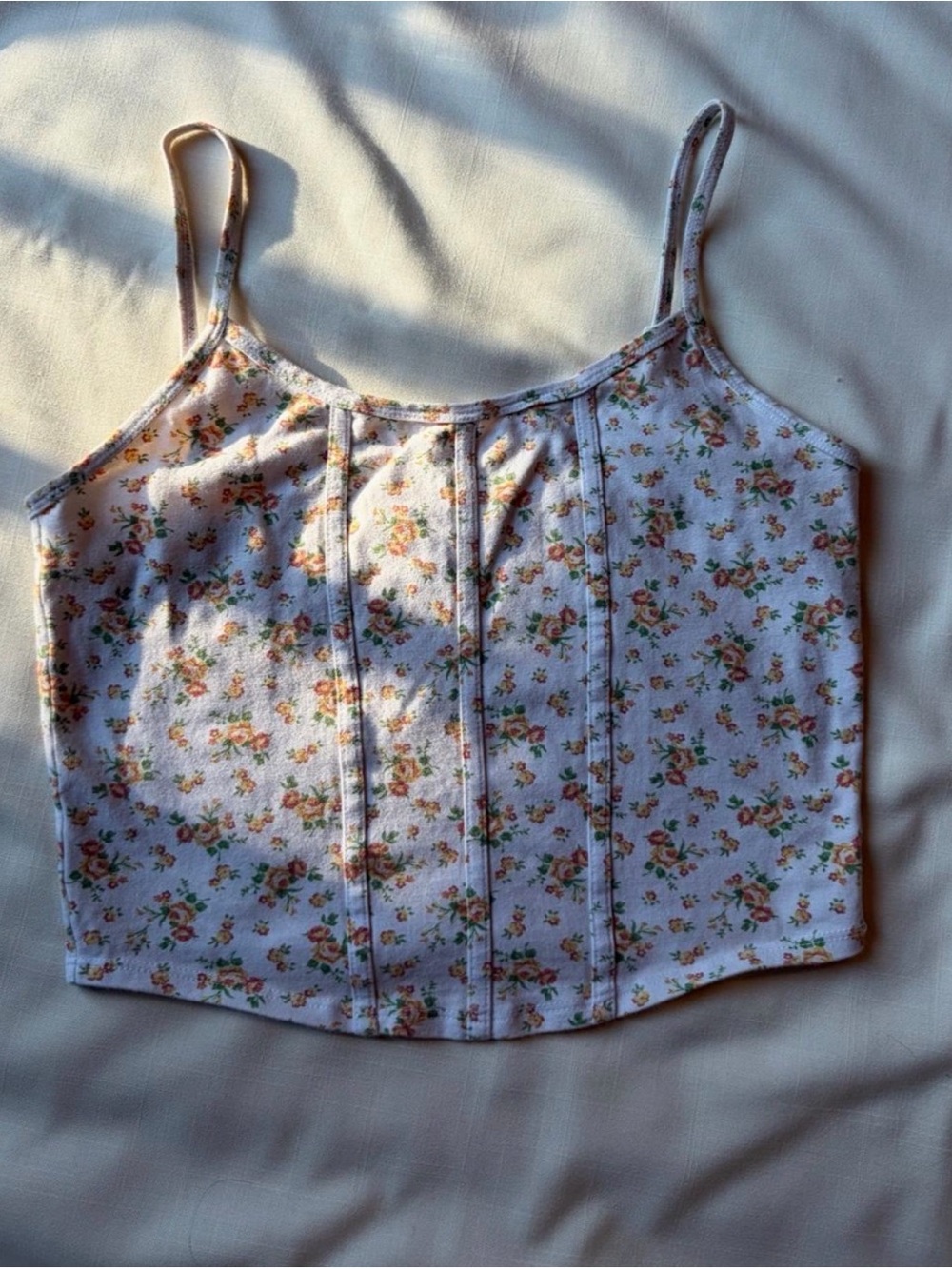 Floral Corset-Style Spaghetti Strap Crop Top - White/Pink